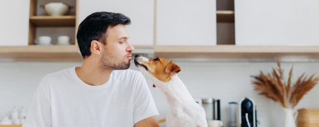 man and dog kissing