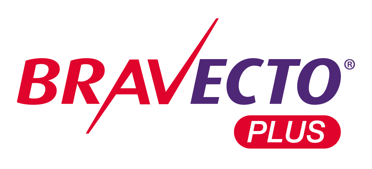Bravecto Plus logo in red and purple letters with a red rounded rectangle featuring the word "Plus" in white.
