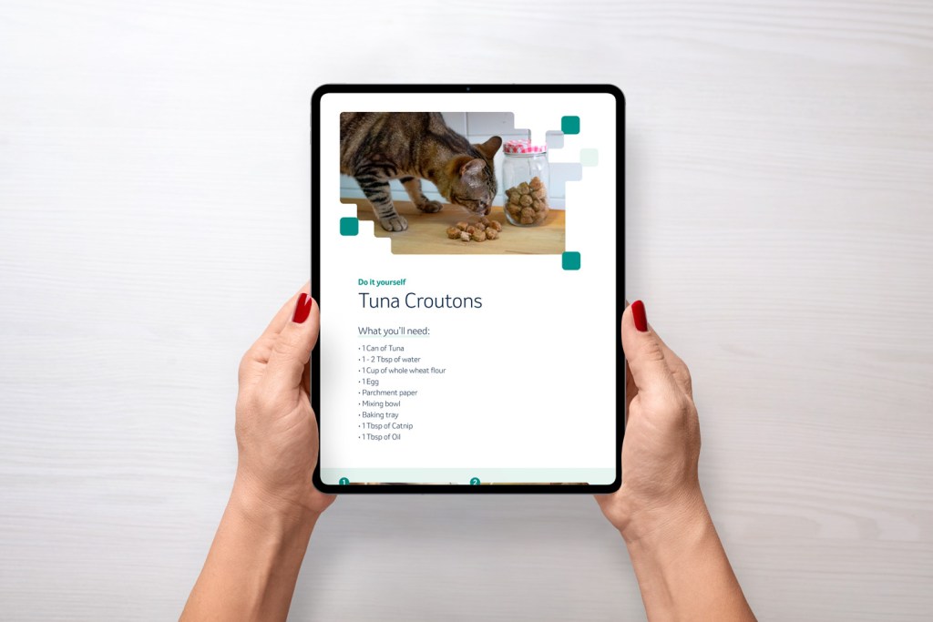 Hands holding a tablet displaying a tuna croutons recipe with a cat image and list of ingredients.