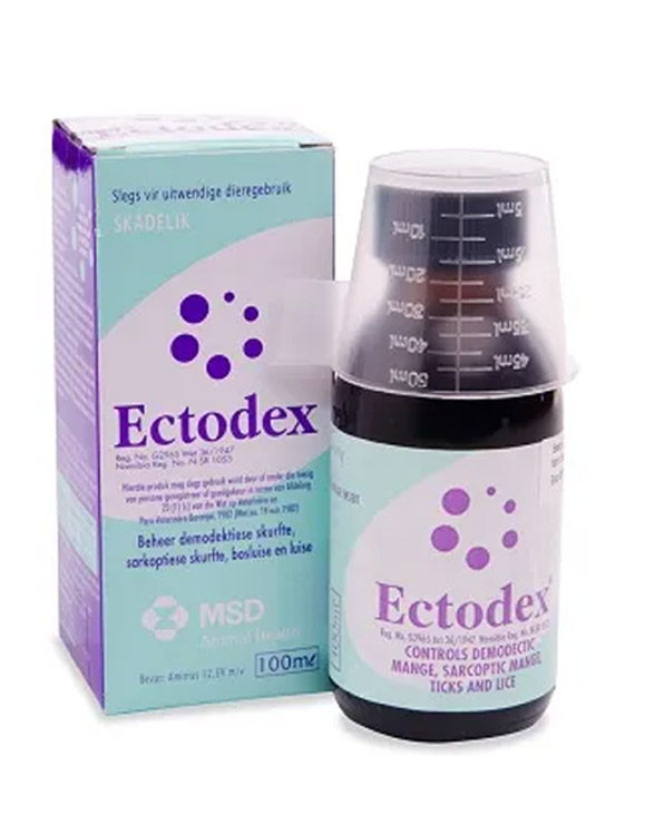 Bottle and box of Ectodex animal treatment, featuring purple text and dots on the packaging.