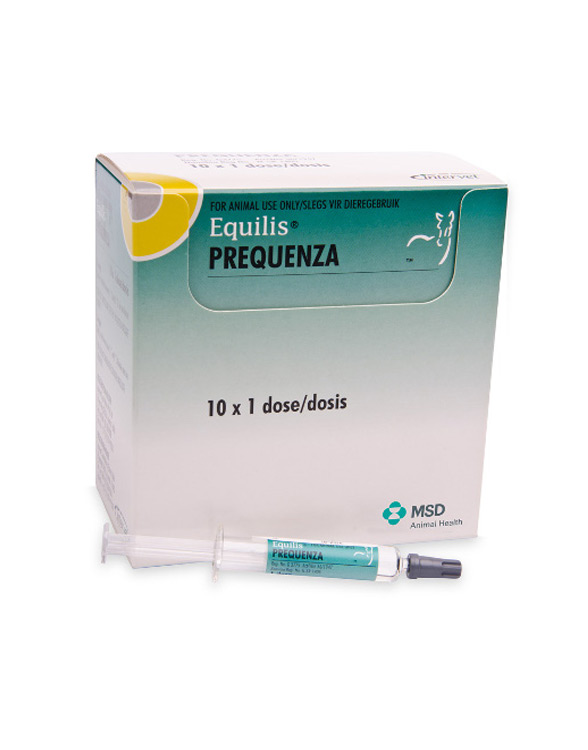 Box of Equilis Prequenza with syringe. Packaging is green and white with text indicating 10 doses for animal use.