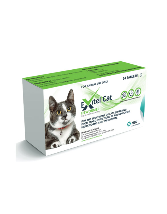 Box of Exitel Cat Dewormer with a picture of a cat, labeled for treating various parasitic worms.
