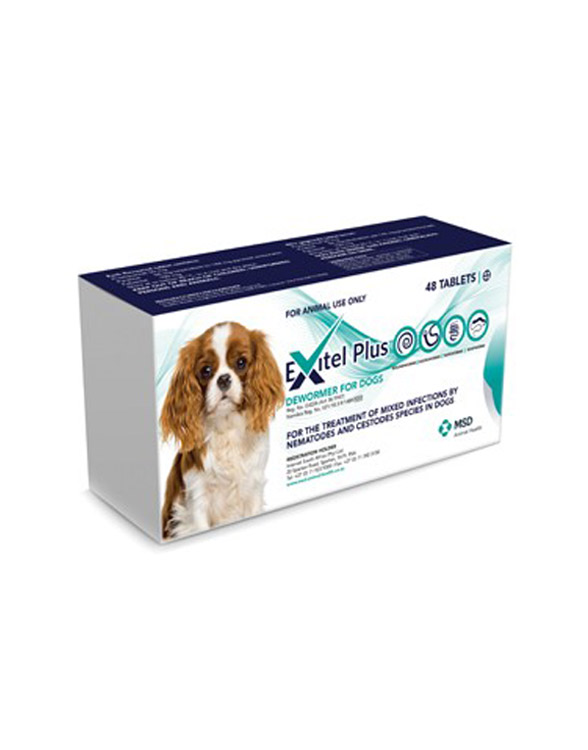 A box of Exitel Plus dewormer for dogs featuring a photo of a dog, text on dosage, and branding details.