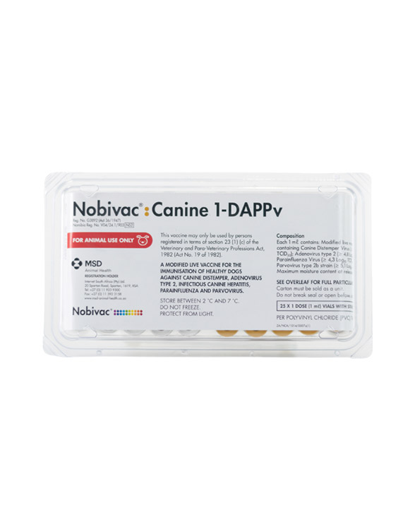 Nobivac Canine 1-DAPPv vaccine packaging with detailed instructions visible on the label.