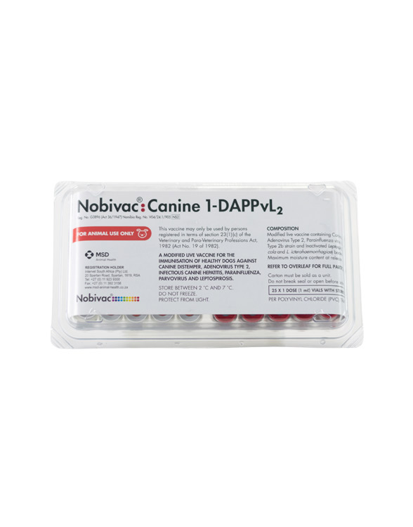 Vaccine box labeled "Nobivac: Canine 1-DAPPvL2" with detailed usage instructions and dosage information.