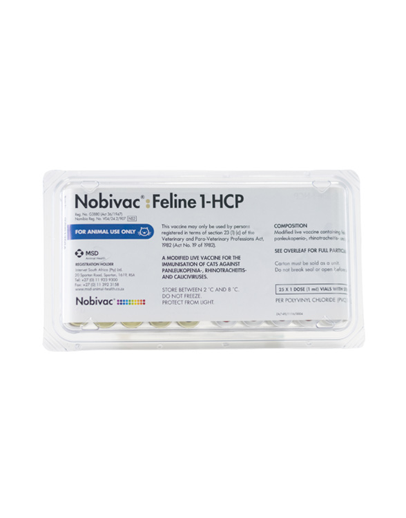 Packaging of Nobivac Feline 1-HCP vaccine for cats, labeled for animal use, white with text details and logo at the top.