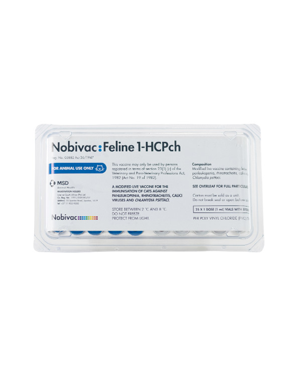 Package labeled "Nobivac: Feline 1-HCPCh" with blue and white design, for animal use, containing vials inside.