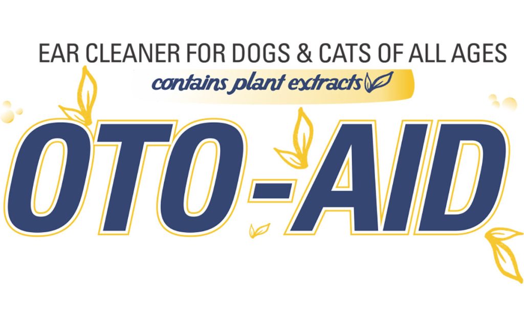 Text "OTO-AID" with leaves and text "Ear cleaner for dogs & cats of all ages, contains plant extracts" in blue and yellow.