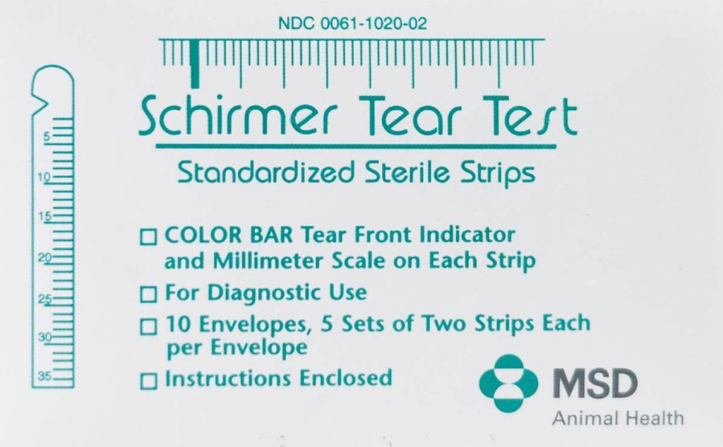 Schirmer Tear Test packaging with measuring scale, color bar instructions, and MSD Animal Health logo.